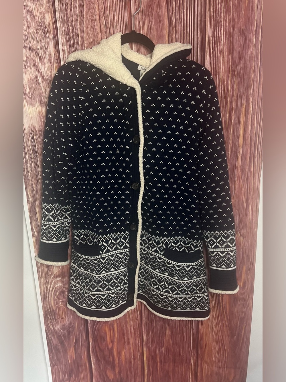 L.L. Bean Navy Hooded Jacket with Cream Sherpa Trim